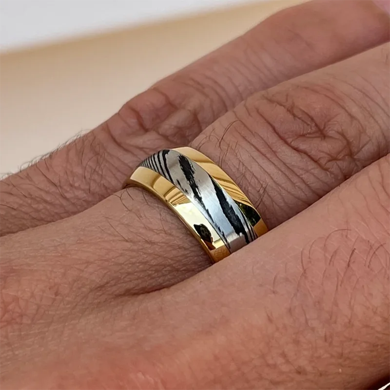 8MM Gold Color Damascus steel ring for man fashion jewelry Men's wedding bands engagement Promise rings Fine gifts Comfort Fit