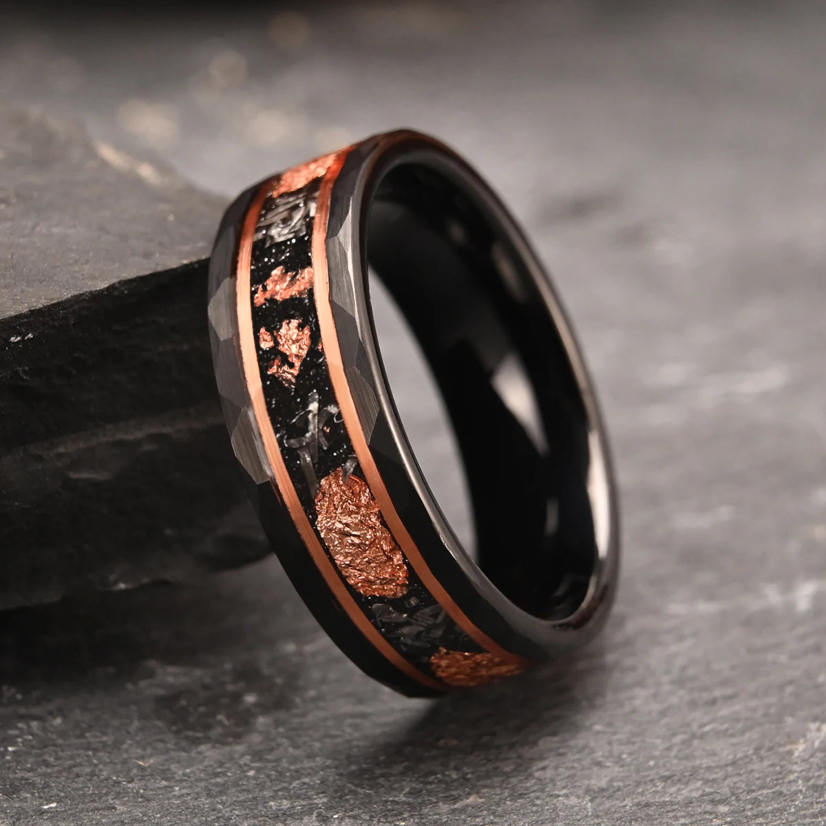 8mm black tungsten carbide ring men's wedding bands inlaid rose gold foil & meteorite fashion jewelry engagement promise rings