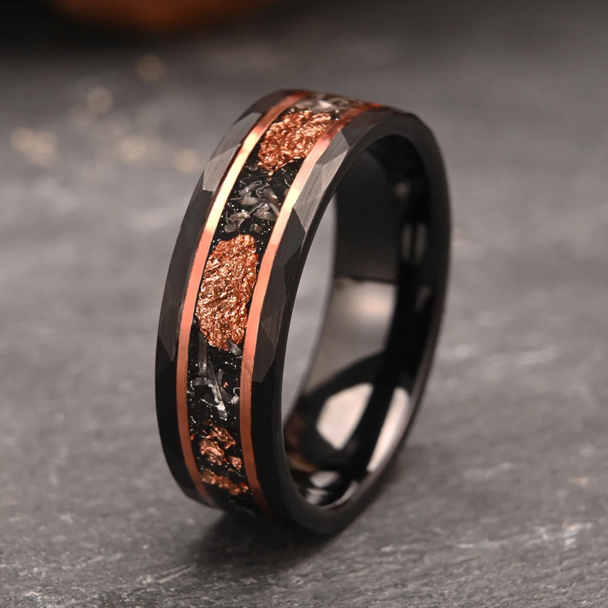 8mm black tungsten carbide ring men's wedding bands inlaid rose gold foil & meteorite fashion jewelry engagement promise rings