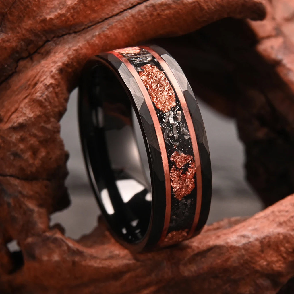 8mm black tungsten carbide ring men's wedding bands inlaid rose gold foil & meteorite fashion jewelry engagement promise rings