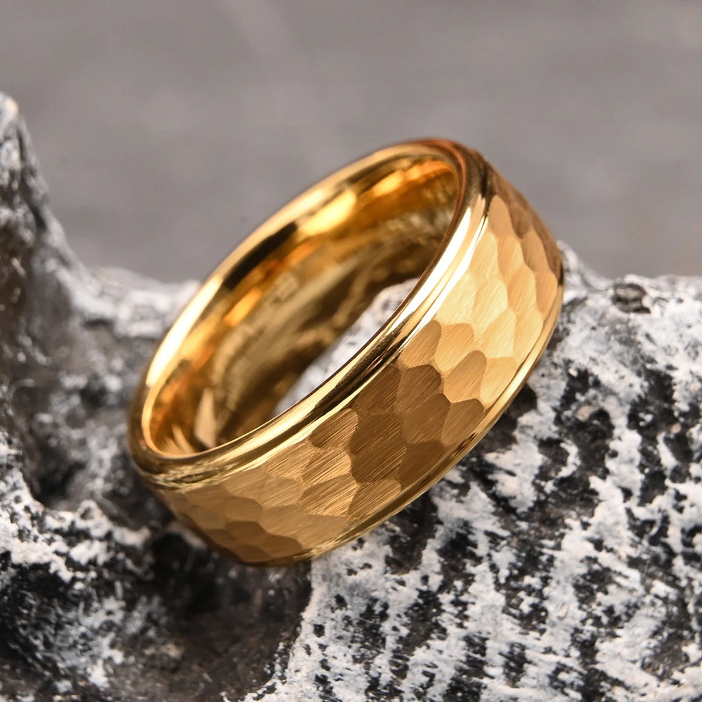 8MM/6MM Men's Golden/Black/Silver Tungsten Carbide Hammered Ring Fashion Jewelry Couple Wedding Bands US Size 6-13 Comfort Fit