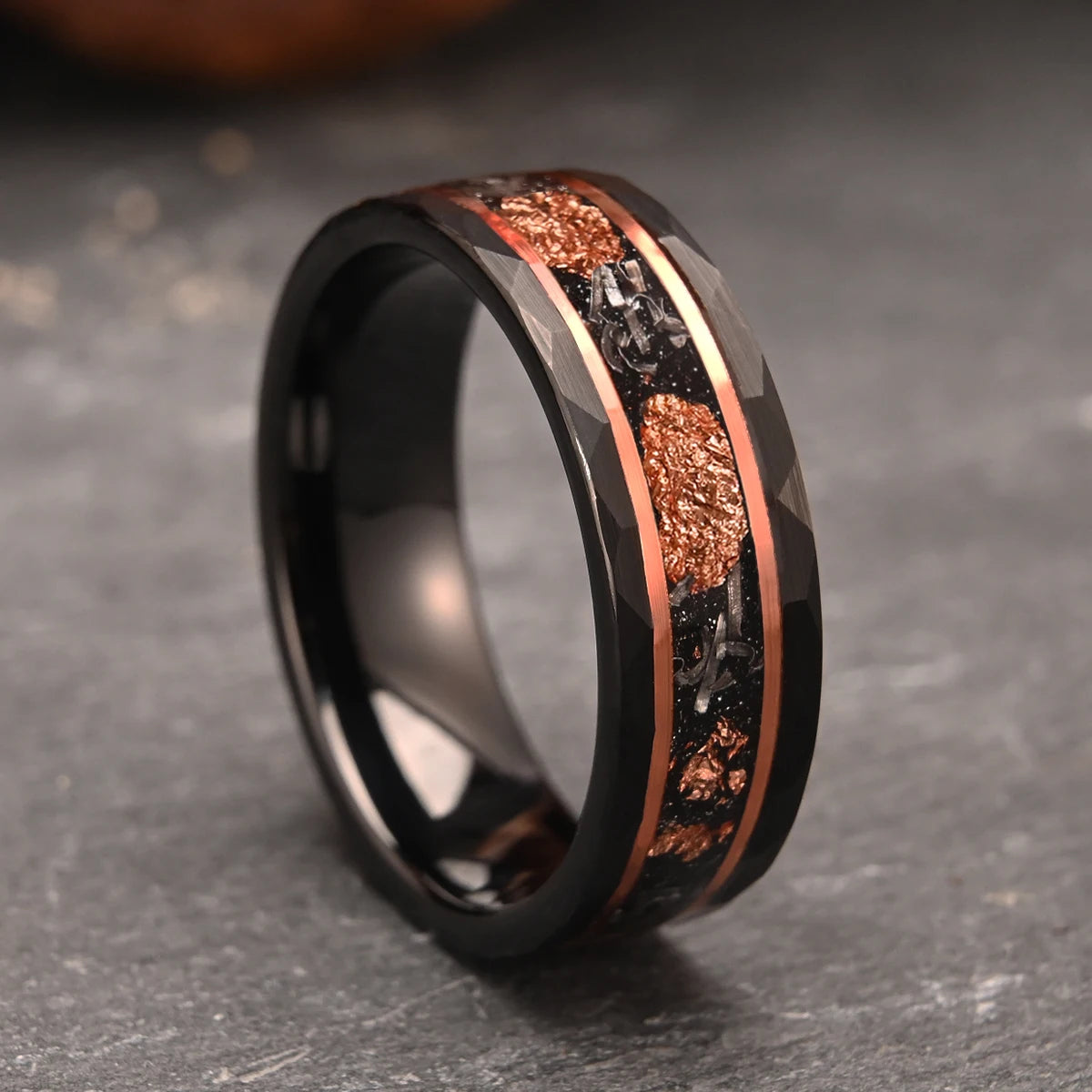 8mm black tungsten carbide ring men's wedding bands inlaid rose gold foil & meteorite fashion jewelry engagement promise rings