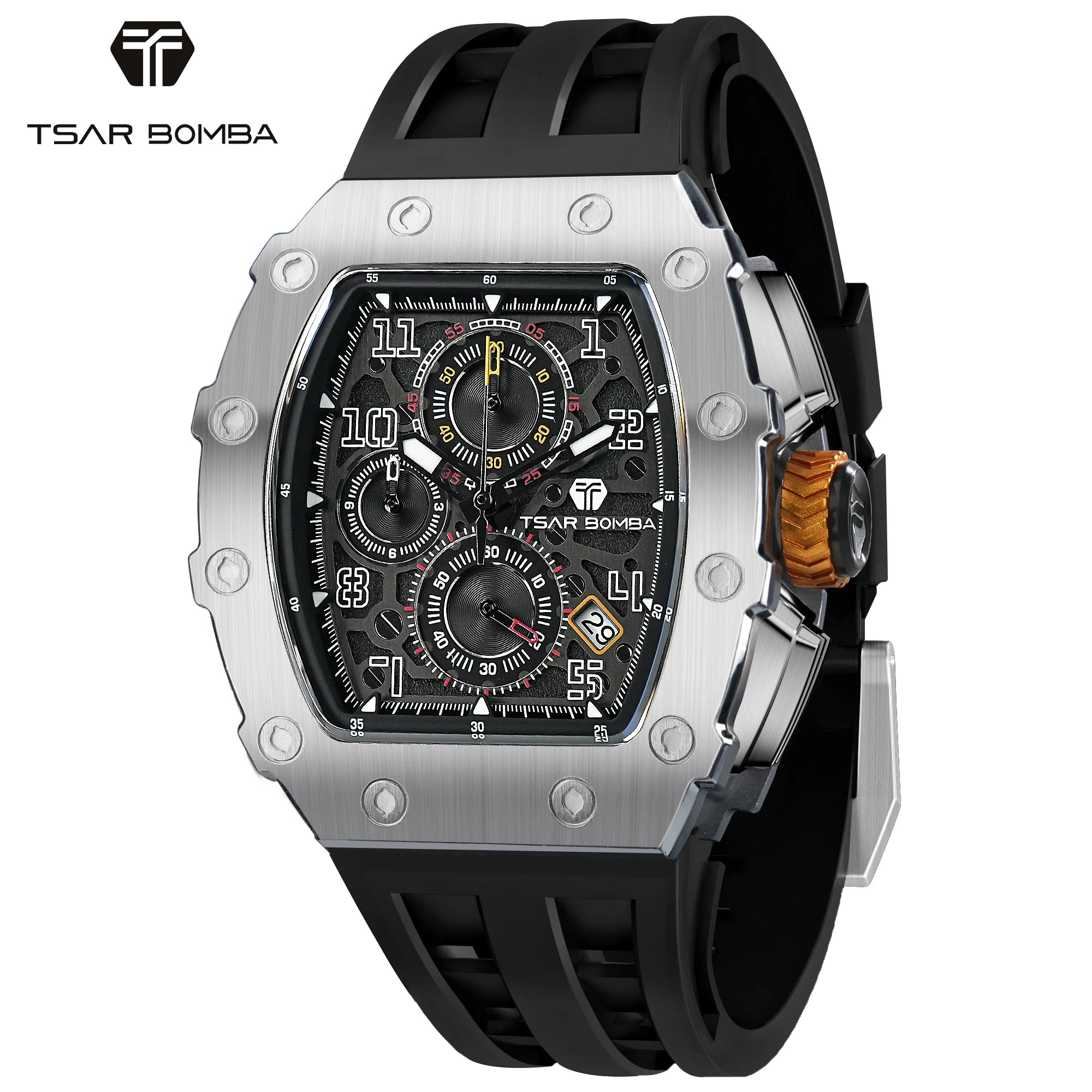 TSAR BOMBA Luxury Tonneau Quartz Watch for Men Japanese Movement, Stainless Steel Case,  Elegant Dress Wristwatch