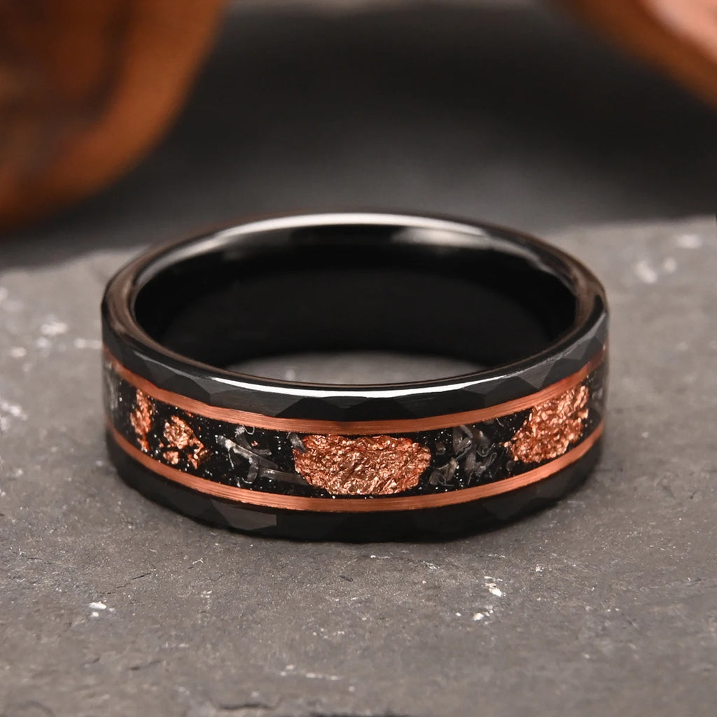 8mm black tungsten carbide ring men's wedding bands inlaid rose gold foil & meteorite fashion jewelry engagement promise rings