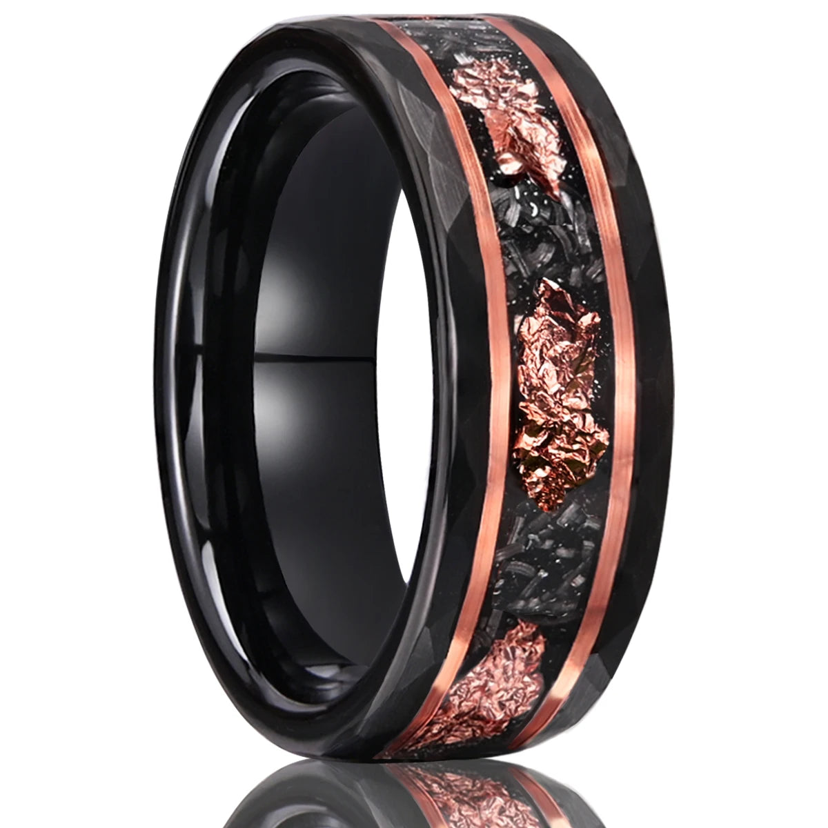 8mm black tungsten carbide ring men's wedding bands inlaid rose gold foil & meteorite fashion jewelry engagement promise rings