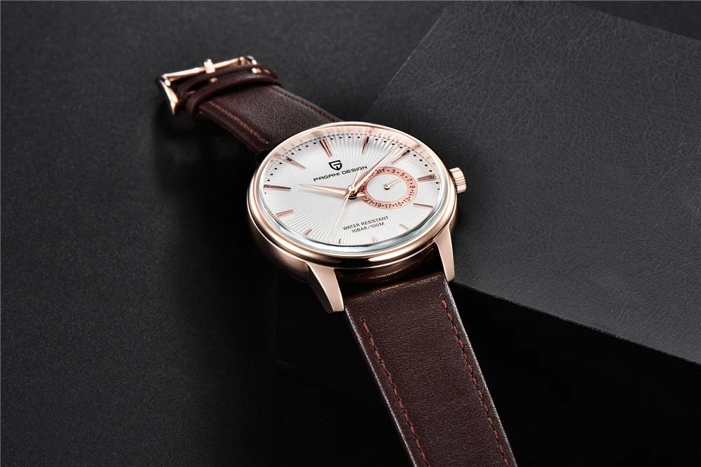 PAGNI DESIGN Mens Quartz Watches Mens Fashion Business Clock Waterproof Leather Sports Watch Men Luxury Brand Gold Wristwatches