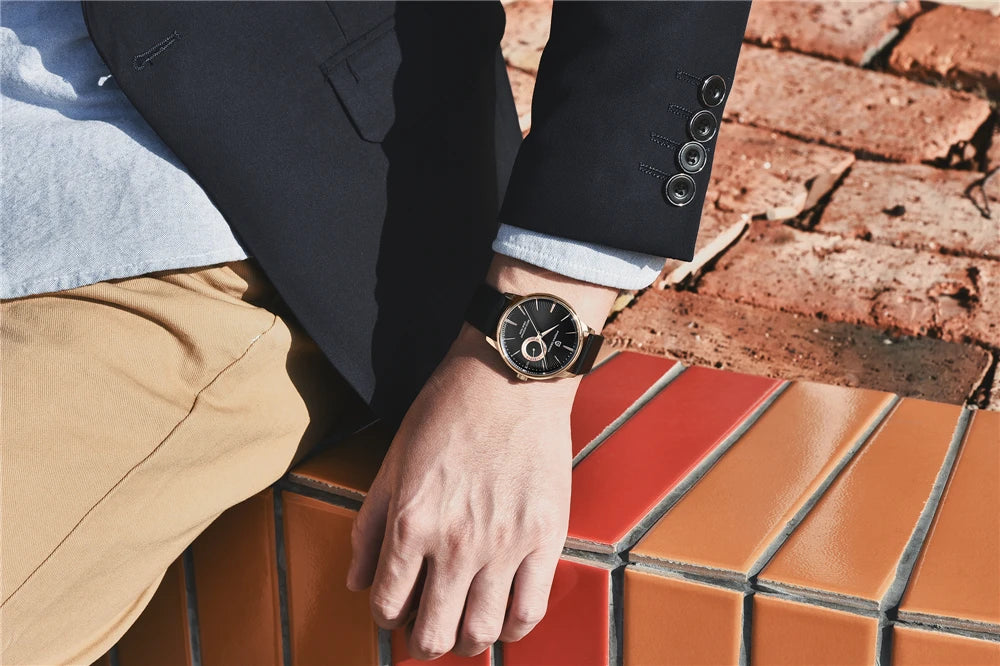 PAGNI DESIGN Mens Quartz Watches Mens Fashion Business Clock Waterproof Leather Sports Watch Men Luxury Brand Gold Wristwatches