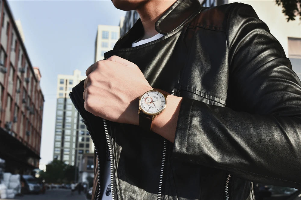 PAGNI DESIGN Mens Quartz Watches Mens Fashion Business Clock Waterproof Leather Sports Watch Men Luxury Brand Gold Wristwatches