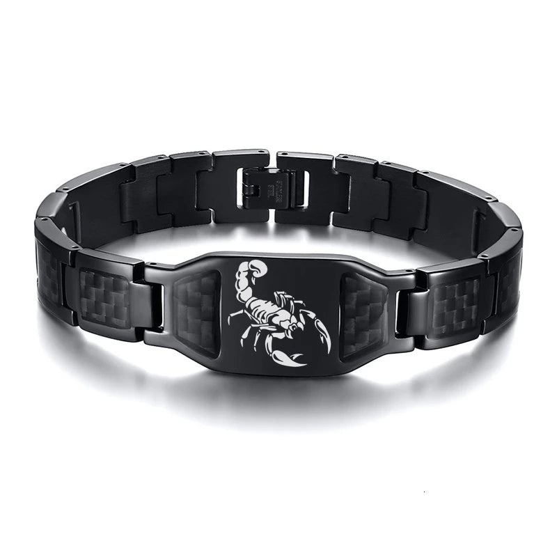 Vnox Personalize Mens Stylish Scorpion Cross Shield Images Chain Bracelets with Unique Carbon Fiber Custom Jewelry Gifts for Him