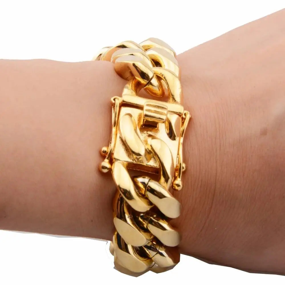 Gold Color/Rose Gold Stainless Steel Curb Cuban Link Chain Bracelet Bangle Jewelry 7-11inch for Men Women 8/10/12/14/16/18mm