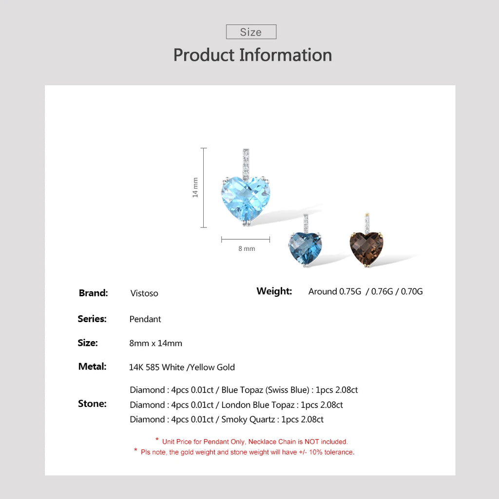 VISTOSO Genuine 14K 585 Rose/White/Yellow Gold Pendant For Women Radiant Sky Blue Topaz/Garnet/Smoky Quartz Diamond Fine Jewelry
