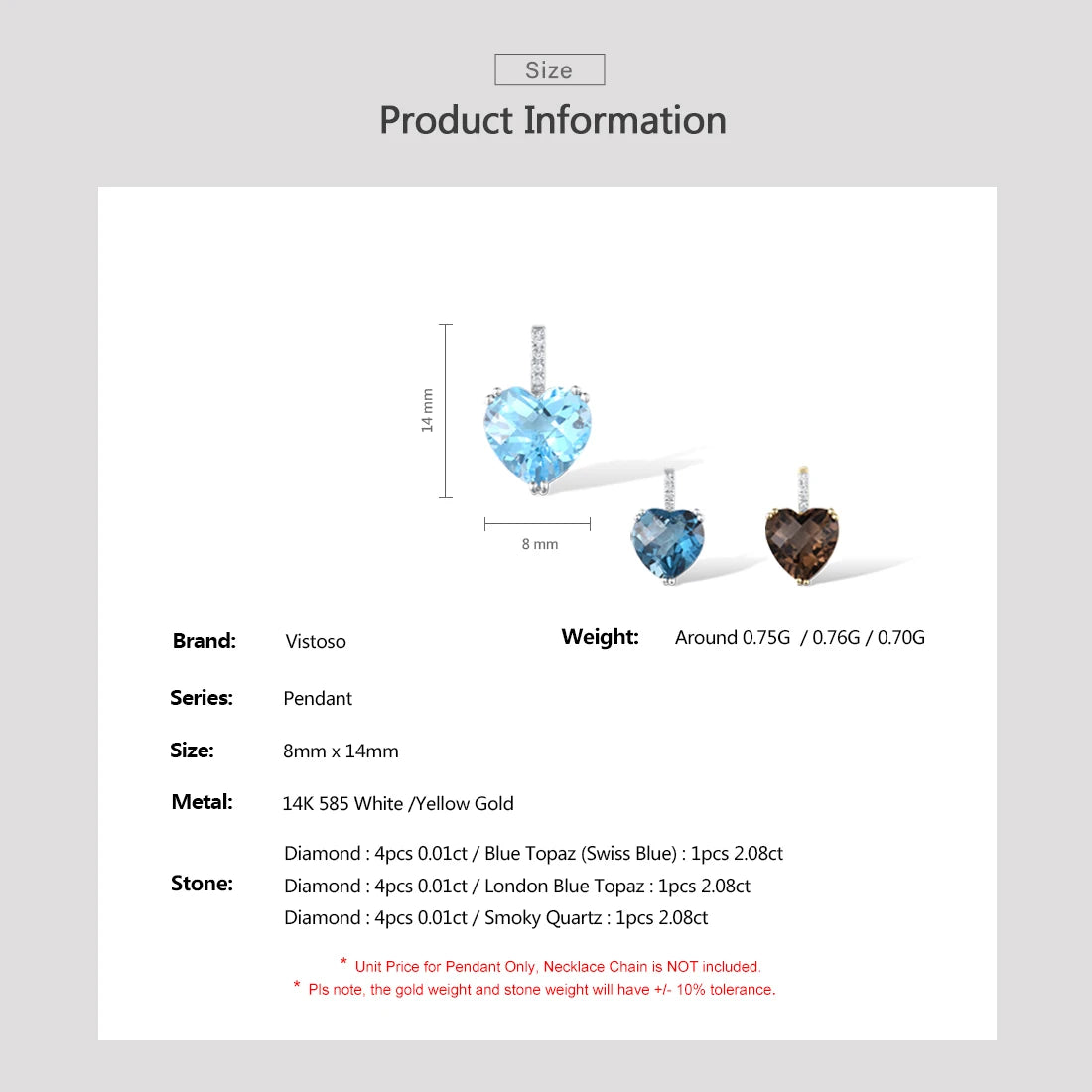 VISTOSO Genuine 14K 585 Rose/White/Yellow Gold Pendant For Women Radiant Sky Blue Topaz/Garnet/Smoky Quartz Diamond Fine Jewelry