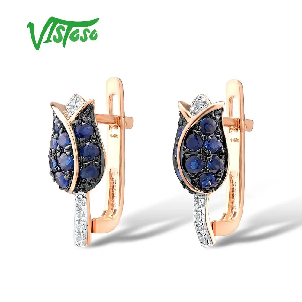 VISTOSO Pure 14K 585 Rose Gold Earrings For Women Shining Diamond Blue Sapphire Luxury Wedding Engagement Elegant Fine Jewelry