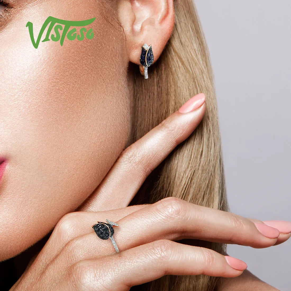 VISTOSO Pure 14K 585 Rose Gold Earrings For Women Shining Diamond Blue Sapphire Luxury Wedding Engagement Elegant Fine Jewelry