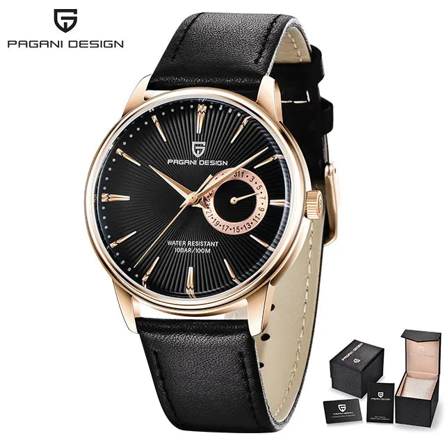 PAGNI DESIGN Mens Quartz Watches Mens Fashion Business Clock Waterproof Leather Sports Watch Men Luxury Brand Gold Wristwatches