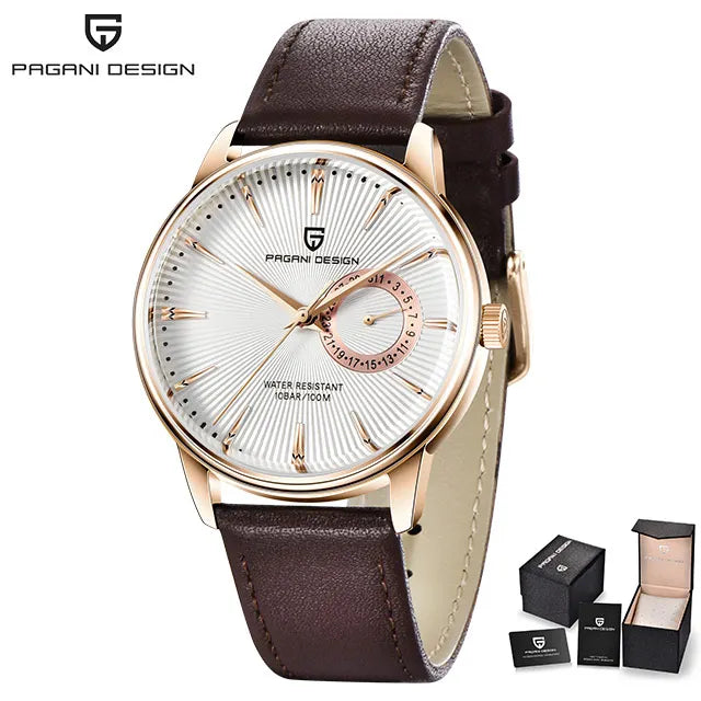 PAGNI DESIGN Mens Quartz Watches Mens Fashion Business Clock Waterproof Leather Sports Watch Men Luxury Brand Gold Wristwatches