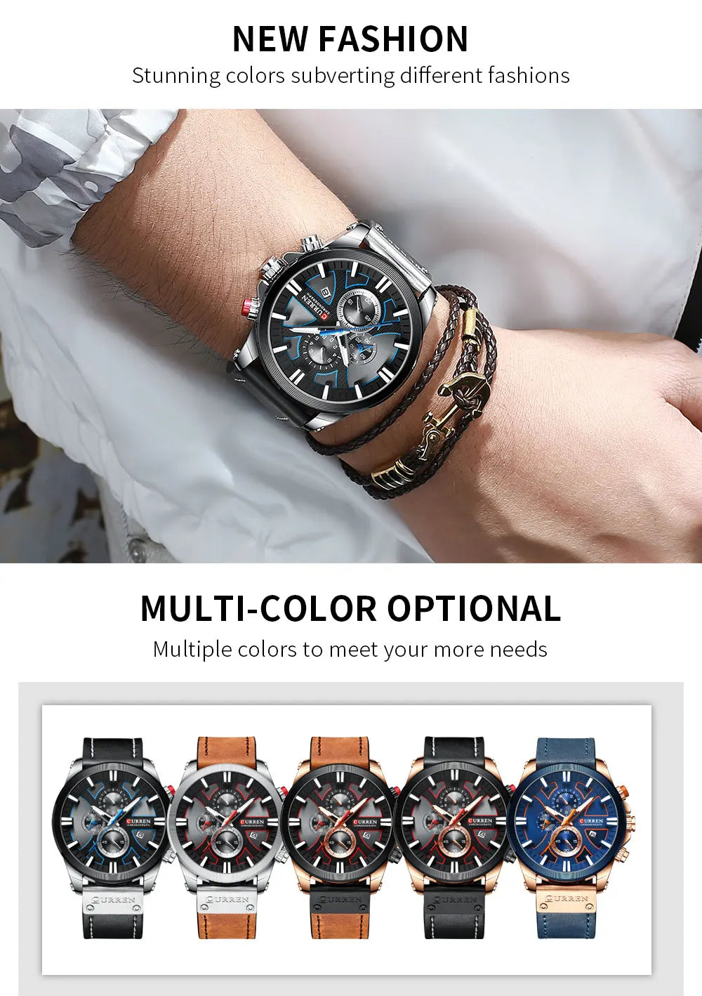 CURREN Brand Chronograph Sports Men's Watch Quartz Clock Leather Men's Luminous Watch Calendar Clock Relogio Masculino