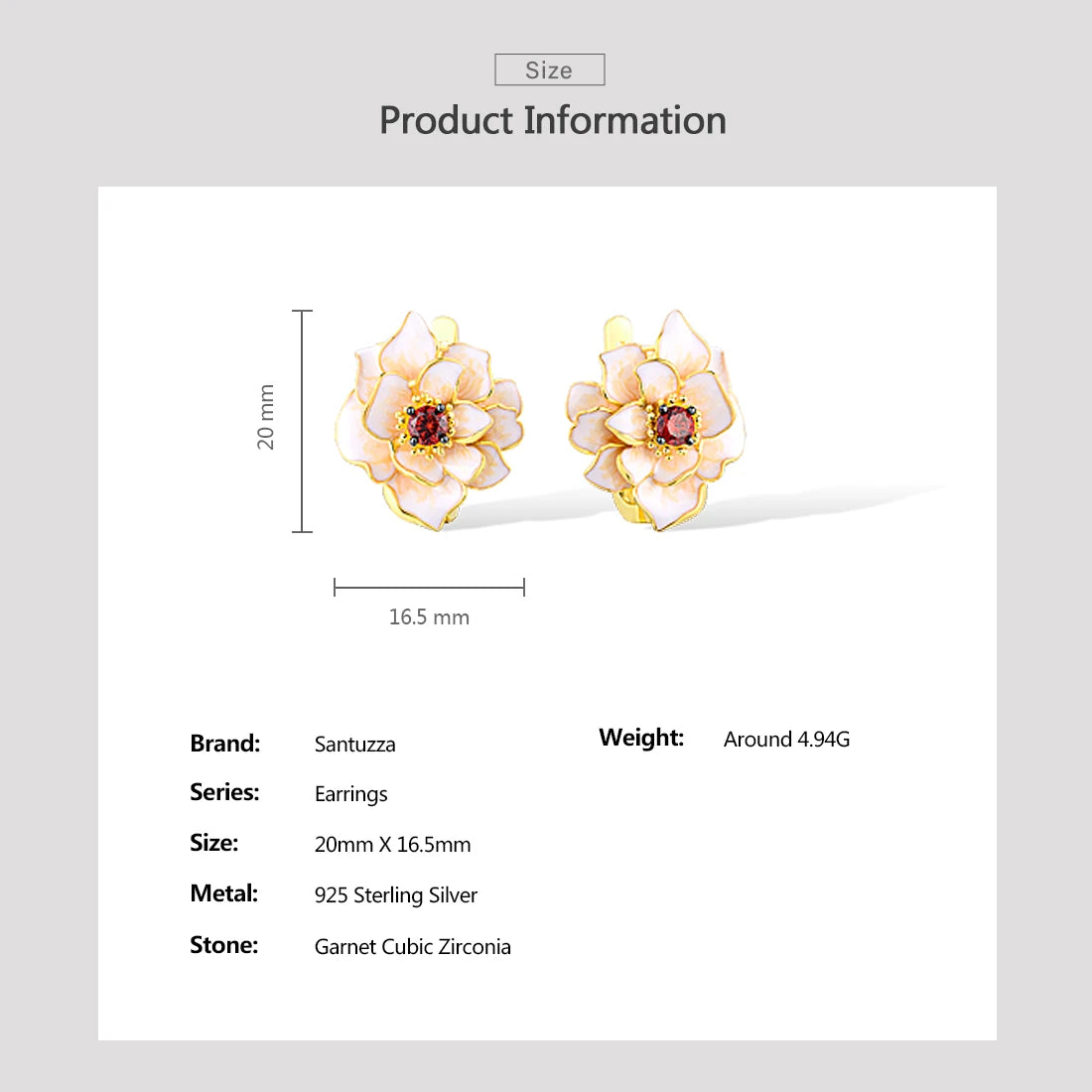 SANTUZZA Genuine 925 Sterling Silver Earrings For Women White Black Flower Garnet Wedding Party Fine Jewelry Handmade Enamel