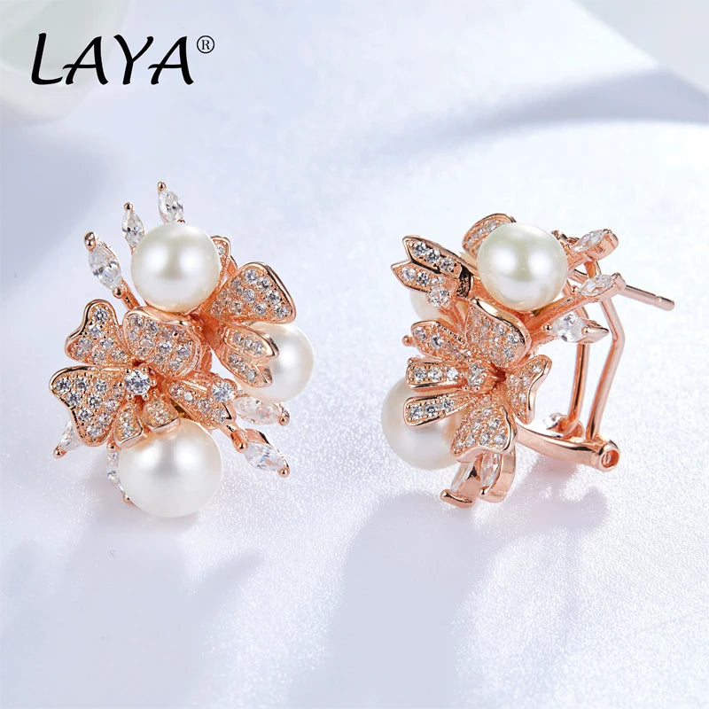 925 Sterling Silver Fashion New Style High Quality Zircon Shell Pearl Flower Clip Earrings  Women's Wedding Party Luxury Jewelry