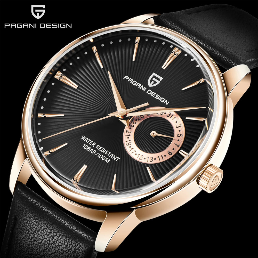PAGNI DESIGN Mens Quartz Watches Mens Fashion Business Clock Waterproof Leather Sports Watch Men Luxury Brand Gold Wristwatches