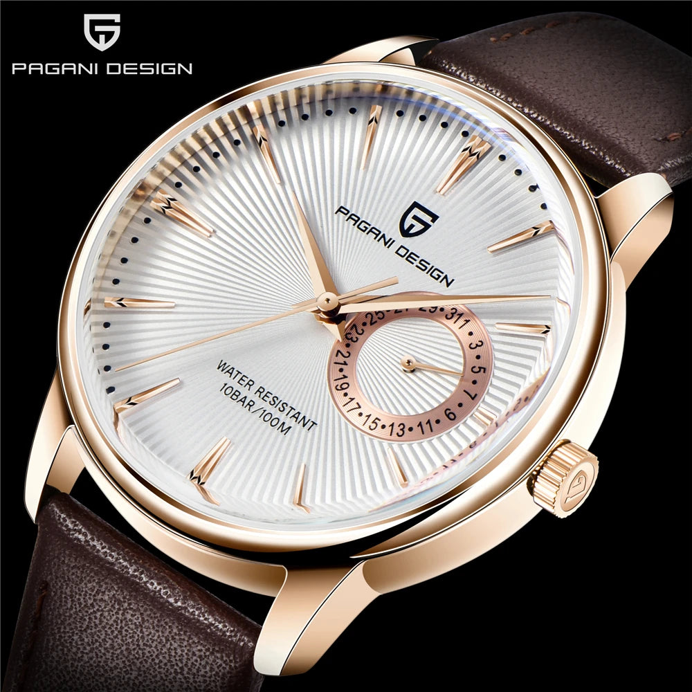 PAGNI DESIGN Mens Quartz Watches Mens Fashion Business Clock Waterproof Leather Sports Watch Men Luxury Brand Gold Wristwatches