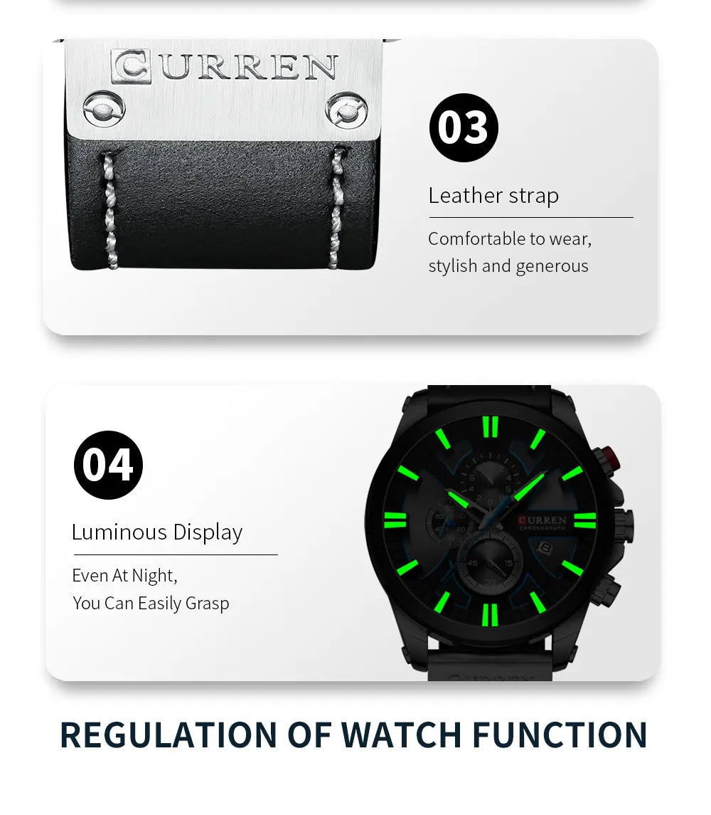 CURREN Brand Chronograph Sports Men's Watch Quartz Clock Leather Men's Luminous Watch Calendar Clock Relogio Masculino