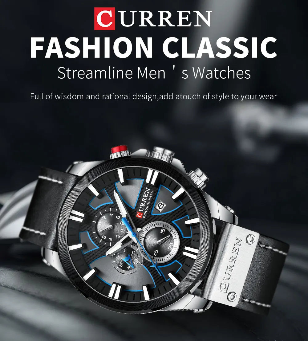 CURREN Brand Chronograph Sports Men's Watch Quartz Clock Leather Men's Luminous Watch Calendar Clock Relogio Masculino