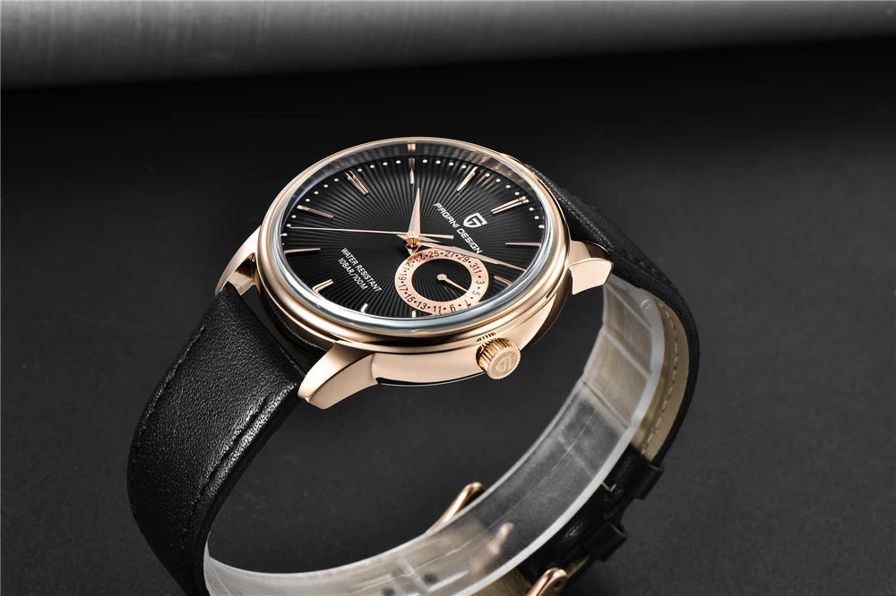 PAGNI DESIGN Mens Quartz Watches Mens Fashion Business Clock Waterproof Leather Sports Watch Men Luxury Brand Gold Wristwatches