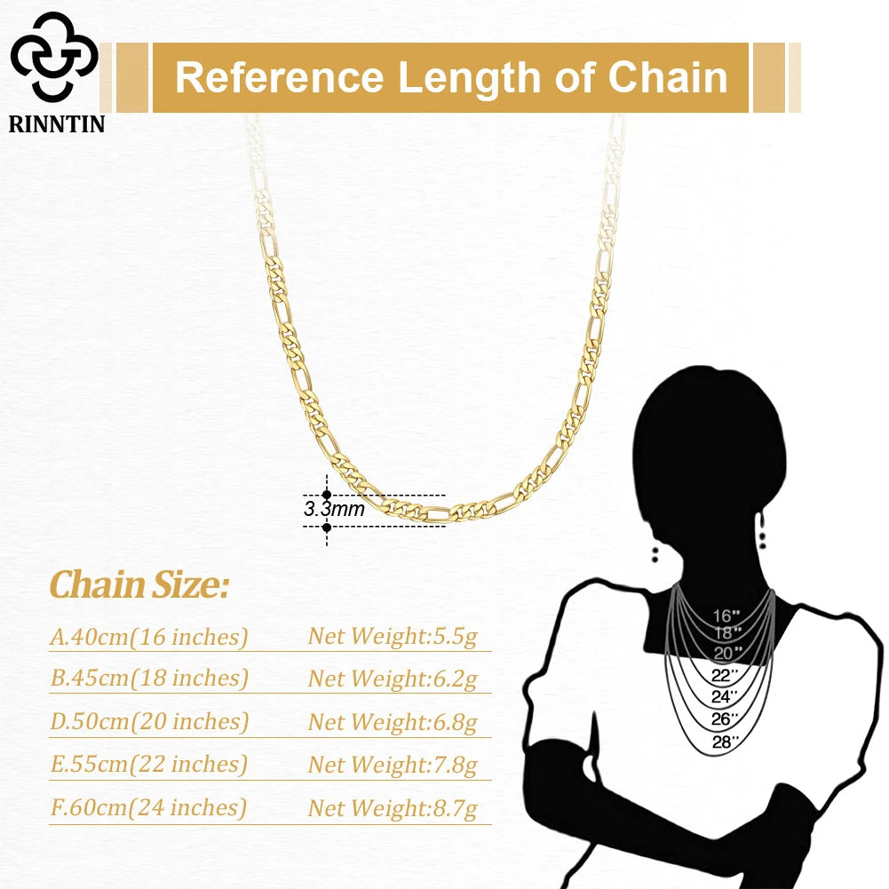 Rinntin 925 Sterling Silver 3.3mm Diamond-Cut Figaro Chain Necklace For Men Women Fashion Silver Necklace Luxury Jewelry SC34
