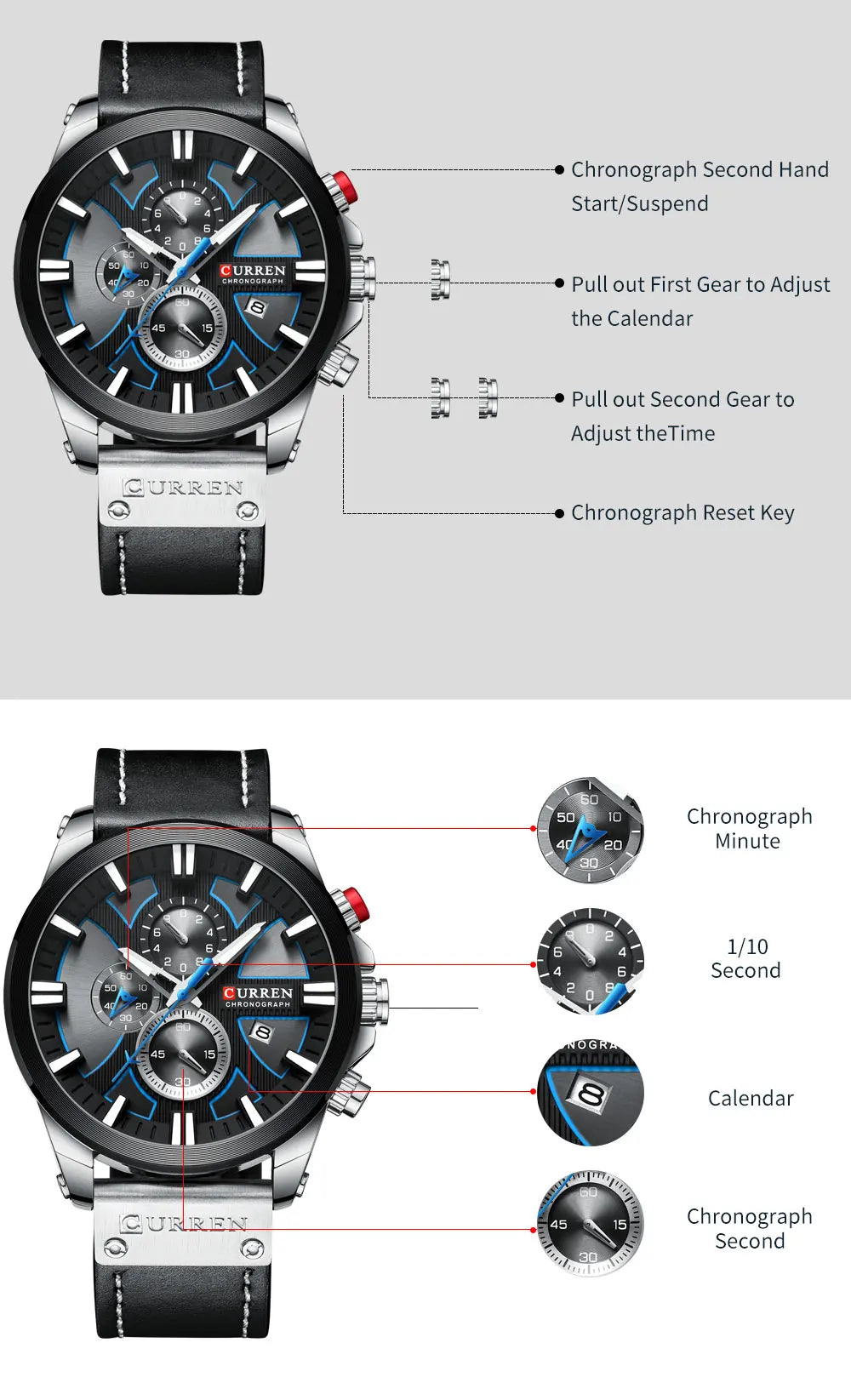 CURREN Brand Chronograph Sports Men's Watch Quartz Clock Leather Men's Luminous Watch Calendar Clock Relogio Masculino