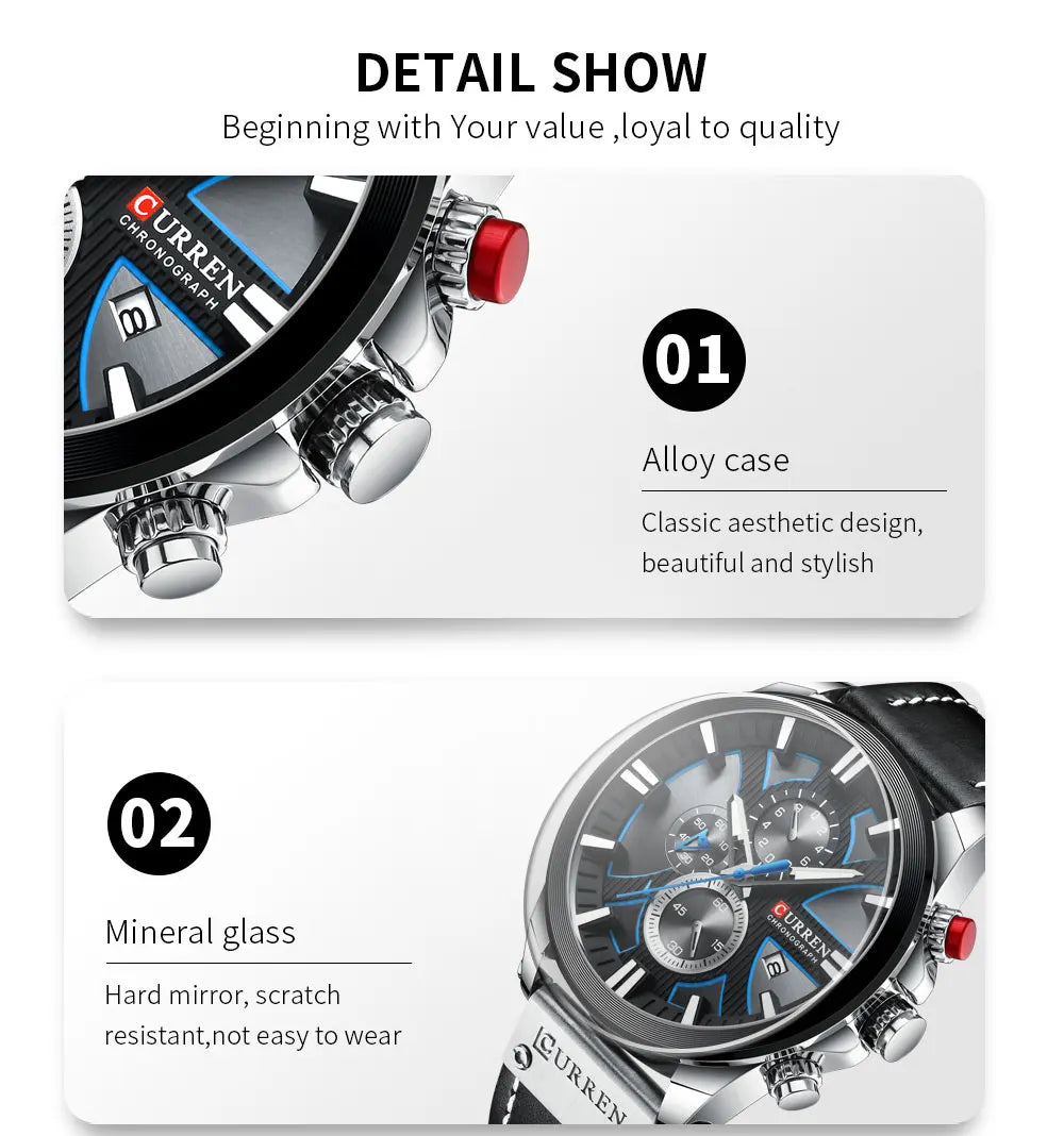 CURREN Brand Chronograph Sports Men's Watch Quartz Clock Leather Men's Luminous Watch Calendar Clock Relogio Masculino