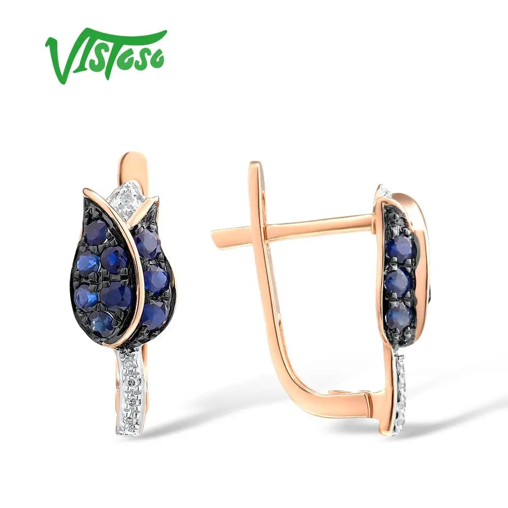 VISTOSO Pure 14K 585 Rose Gold Earrings For Women Shining Diamond Blue Sapphire Luxury Wedding Engagement Elegant Fine Jewelry