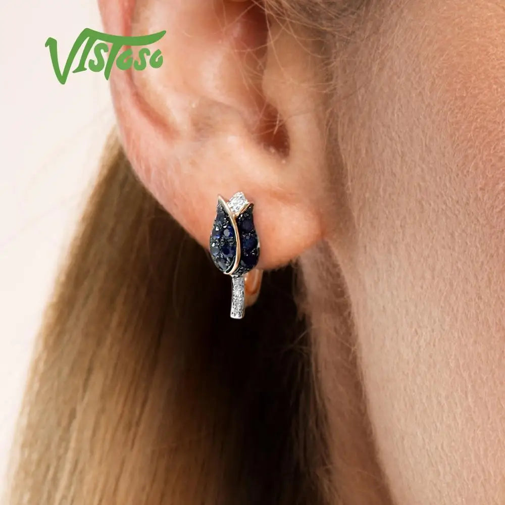 VISTOSO Pure 14K 585 Rose Gold Earrings For Women Shining Diamond Blue Sapphire Luxury Wedding Engagement Elegant Fine Jewelry