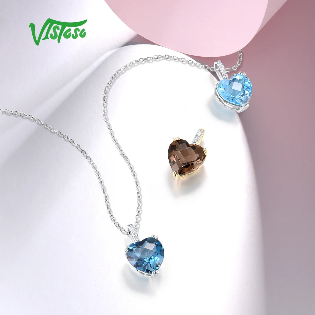 VISTOSO Genuine 14K 585 Rose/White/Yellow Gold Pendant For Women Radiant Sky Blue Topaz/Garnet/Smoky Quartz Diamond Fine Jewelry