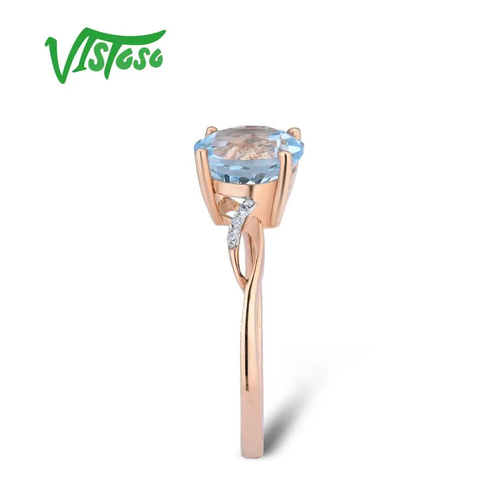 VISTOSO Gold Rings For Women Genuine 14K 585 Rose Gold Ring Sparkling Diamond Sky Blue Topaz Wedding Anniversary Fine Jewelry