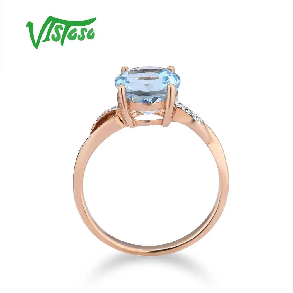 VISTOSO Gold Rings For Women Genuine 14K 585 Rose Gold Ring Sparkling Diamond Sky Blue Topaz Wedding Anniversary Fine Jewelry