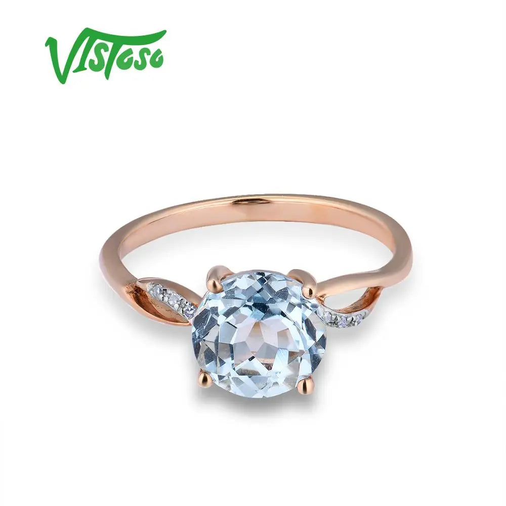 VISTOSO Gold Rings For Women Genuine 14K 585 Rose Gold Ring Sparkling Diamond Sky Blue Topaz Wedding Anniversary Fine Jewelry