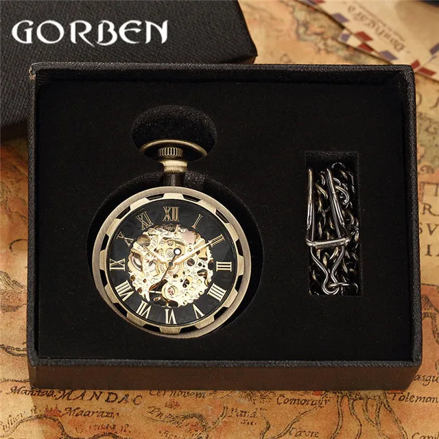Vintage Watch Necklace Steampunk Skeleton Mechanical Fob Chain Pocket Watches Roman Number Clock Pendant Hand-winding Men Women