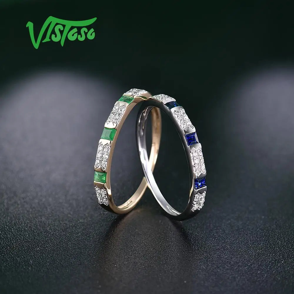 VISTOSO 14K Y/W Gold Rings For Women Genuine Shiny Diamond Fancy Blue Sapphire Emerald Engagement Anniversary Chic Fine Jewelry