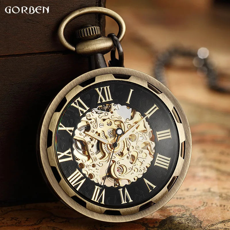 Vintage Watch Necklace Steampunk Skeleton Mechanical Fob Chain Pocket Watches Roman Number Clock Pendant Hand-winding Men Women