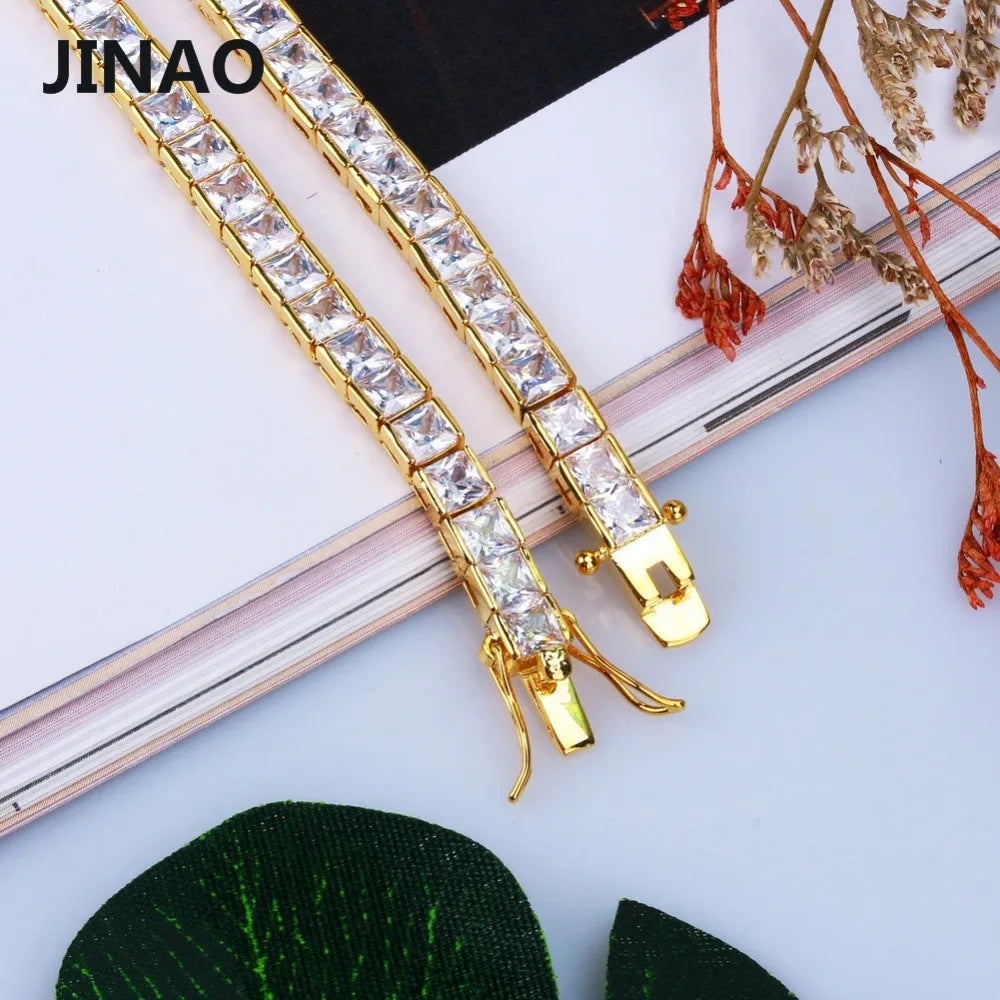 JINAO 1 Row 6mm Hip Hop Bracelet Gold Color Plated Micro Pave AAA Cubic Zirconia Iced Out Bling Box Chain Bracelet Men's Gift