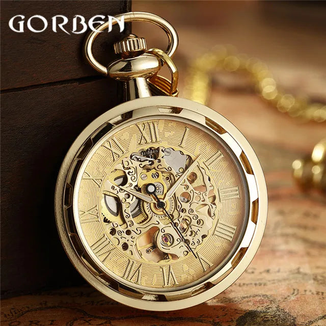 Vintage Watch Necklace Steampunk Skeleton Mechanical Fob Chain Pocket Watches Roman Number Clock Pendant Hand-winding Men Women