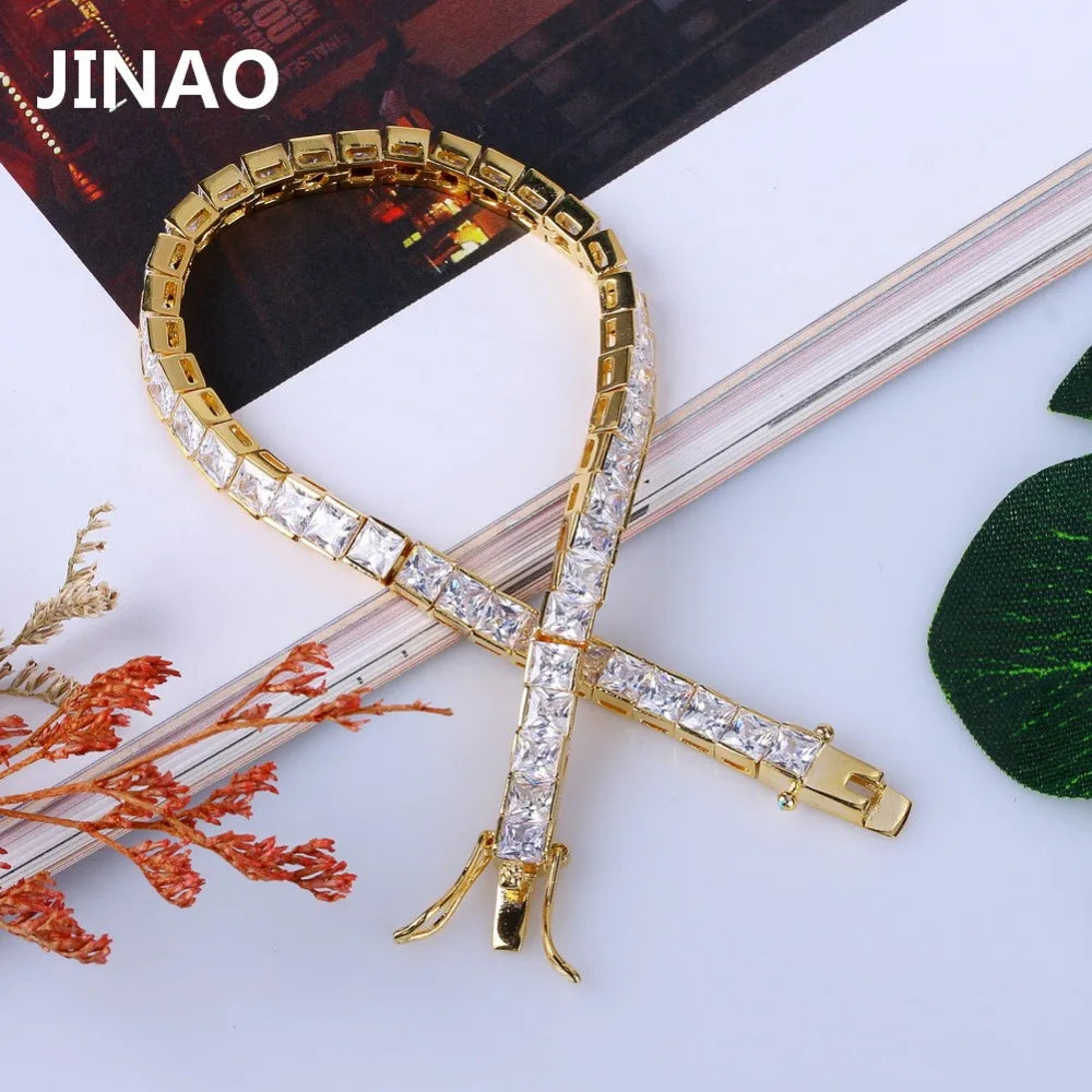 JINAO 1 Row 6mm Hip Hop Bracelet Gold Color Plated Micro Pave AAA Cubic Zirconia Iced Out Bling Box Chain Bracelet Men's Gift