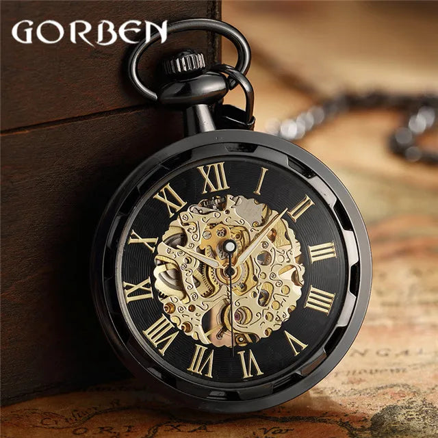 Vintage Watch Necklace Steampunk Skeleton Mechanical Fob Chain Pocket Watches Roman Number Clock Pendant Hand-winding Men Women