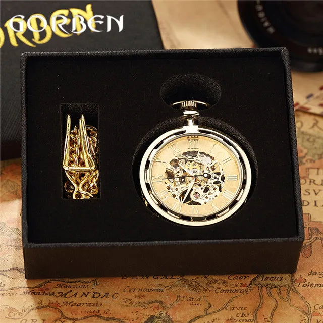 Vintage Watch Necklace Steampunk Skeleton Mechanical Fob Chain Pocket Watches Roman Number Clock Pendant Hand-winding Men Women