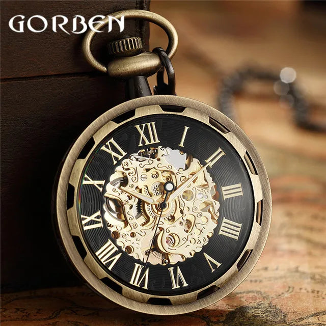 Vintage Watch Necklace Steampunk Skeleton Mechanical Fob Chain Pocket Watches Roman Number Clock Pendant Hand-winding Men Women