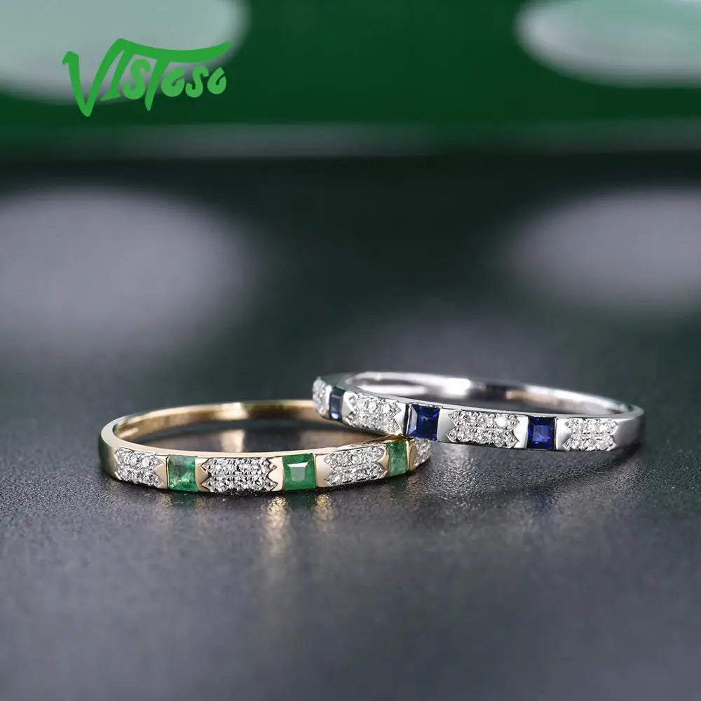 VISTOSO 14K Y/W Gold Rings For Women Genuine Shiny Diamond Fancy Blue Sapphire Emerald Engagement Anniversary Chic Fine Jewelry