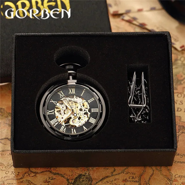Vintage Watch Necklace Steampunk Skeleton Mechanical Fob Chain Pocket Watches Roman Number Clock Pendant Hand-winding Men Women