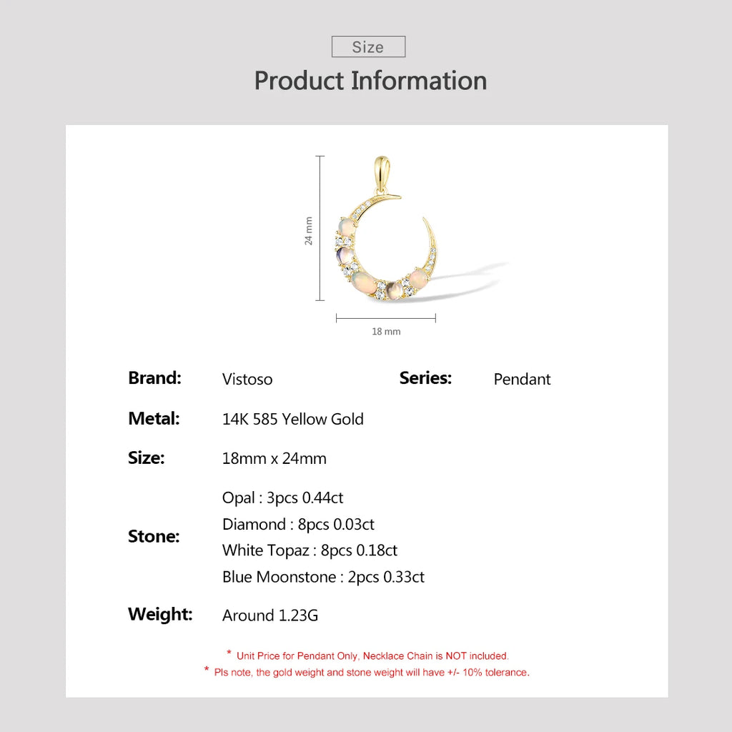 VISTOSO Genuine 14K 585 Yellow Gold Pendant for Women Sparkling Opal Blue Moonstone White Topaz Diamond Delicate Fine Jewelry