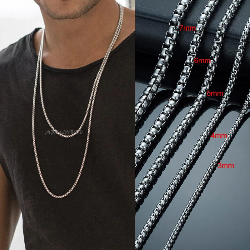 Round Box Chain for Men Boys,Gold Silver Black Plated Stainless Steel Chain Collars,Unisex Jewelry Gifts,18 to 30 Inch